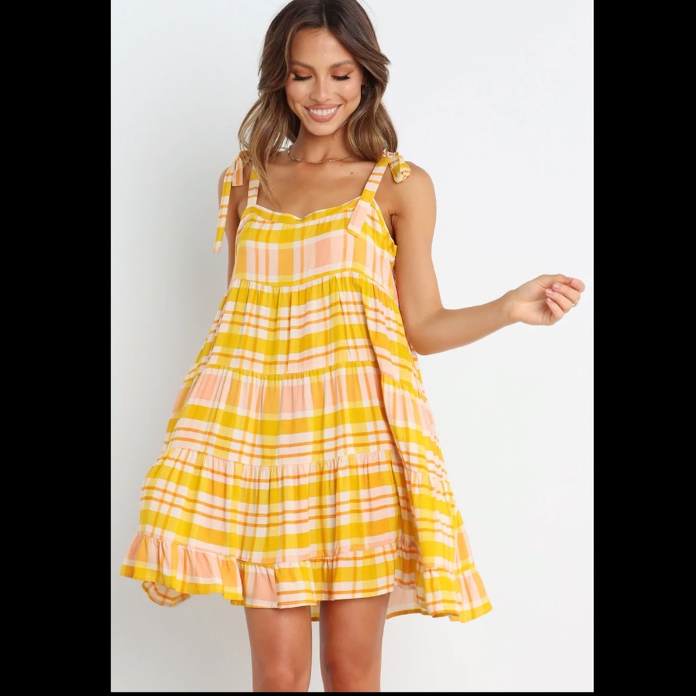 Petal & Pup Yellow and Peach Plaid Mini Dress